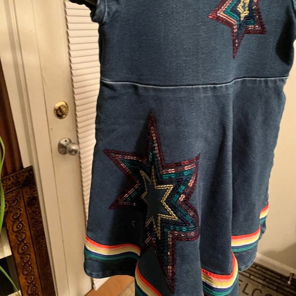 MINI BODEN PRE-LOVED AUTHENTIC DENIM RAINBOW TRIM & SEQUIN DESIGN SWING DRESS - Picture 6 of 17